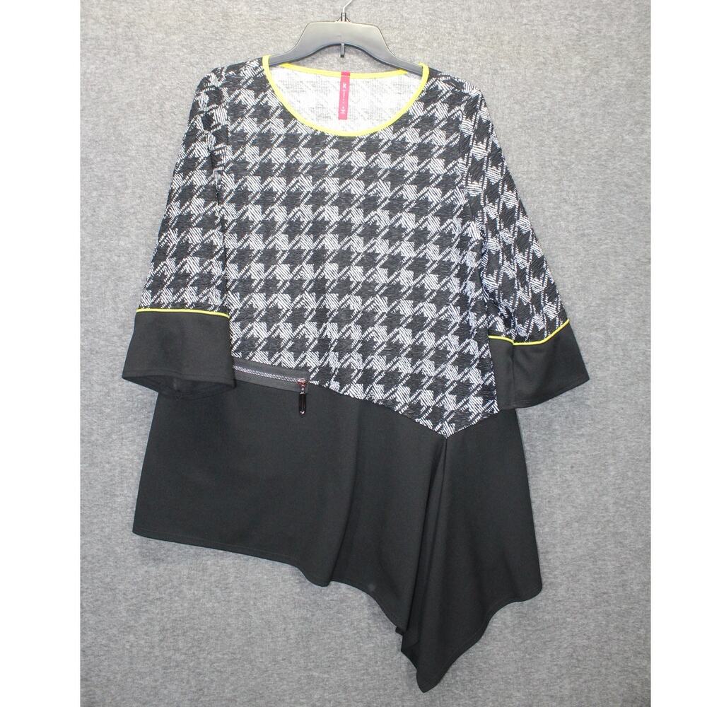 IC By Connie K Tunic Top Womens M Black 3/4 Sleeve Asymmetrical Flowy Geometric